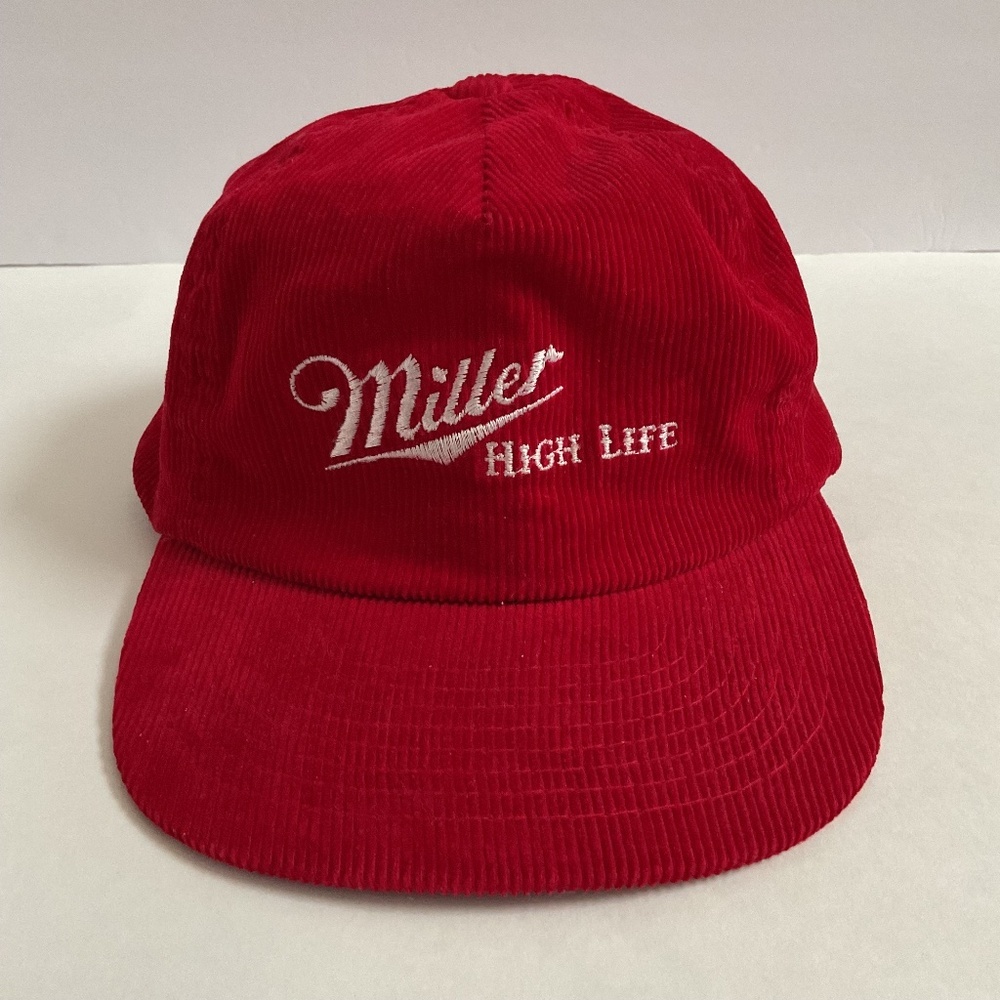 VTG 90s Miller High Life Red Corduroy Strapback Trucker Hat Beer Designer Pro